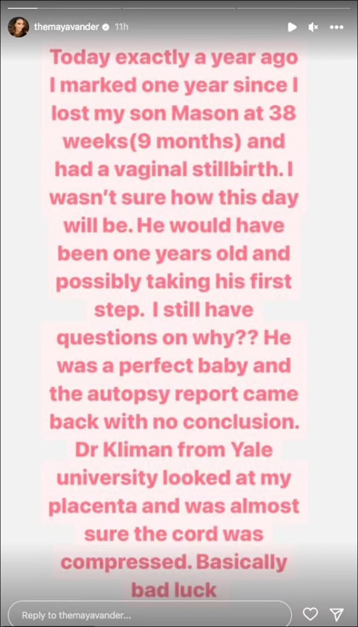 Maya Vander pays tribute to stillborn baby
