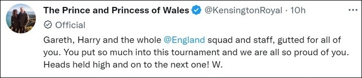 Prince William offers condolences to England team