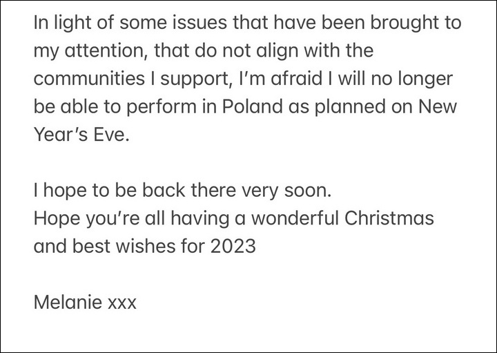 Mel C cancels Poland concert