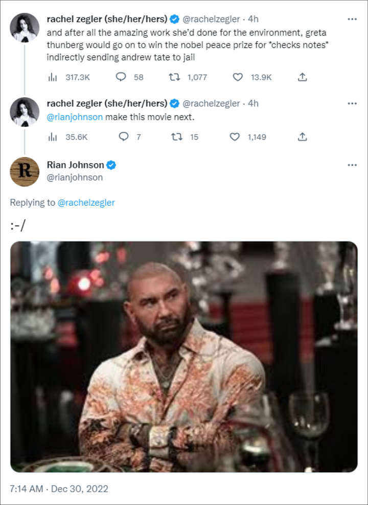 Rian Johnson and Rachel Zegler's Tweets