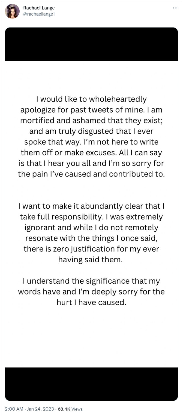 Rachael Lange's apology note