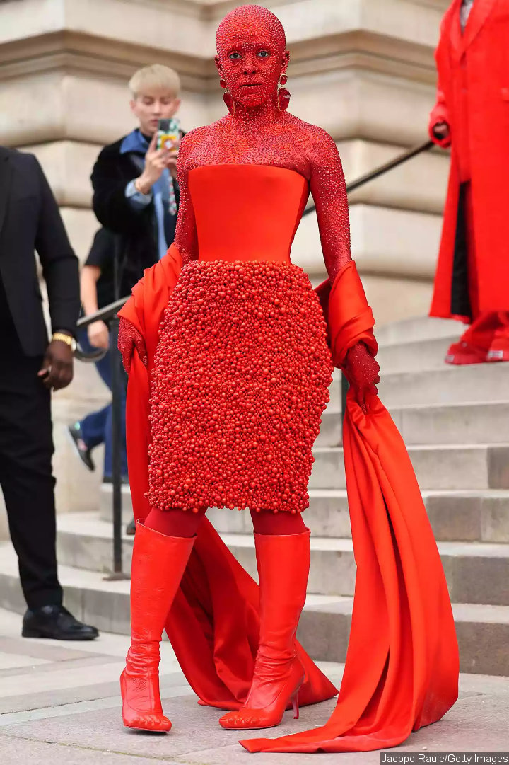 Doja Cat Covered in Red Paint and 30,000 Swarovski Crystals for