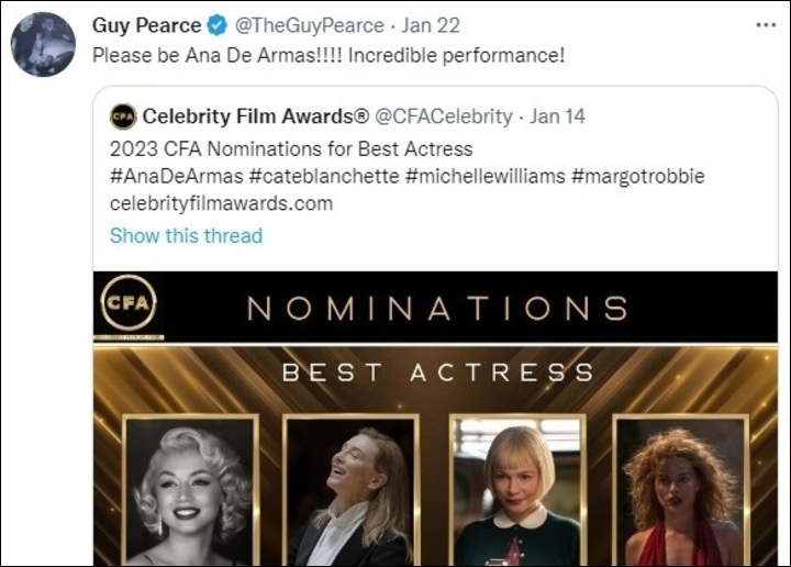 Guy Pearce supports Cate Blanchett's rival Ana De Armas