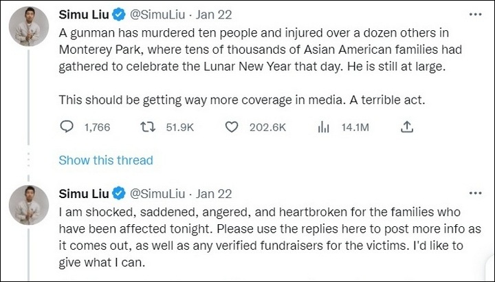 Simu Liu reacts to Lunar New Year mass shooting