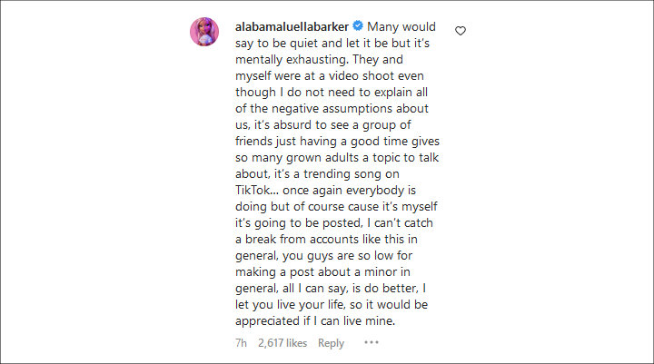 Alabama Barker's Instagram Comment
