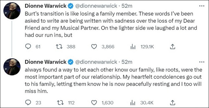 Dionne Warwick paid homage to Burt Bacharach