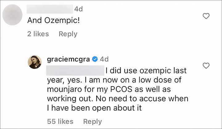 Gracie McGraw's IG Comment