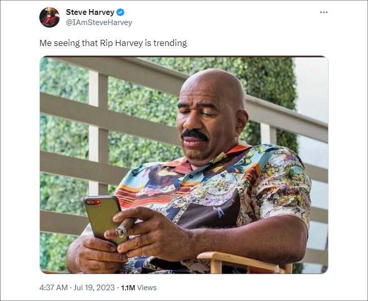 Steve Harvey Reacts to 'RIP Harvey' Trending on Twitter