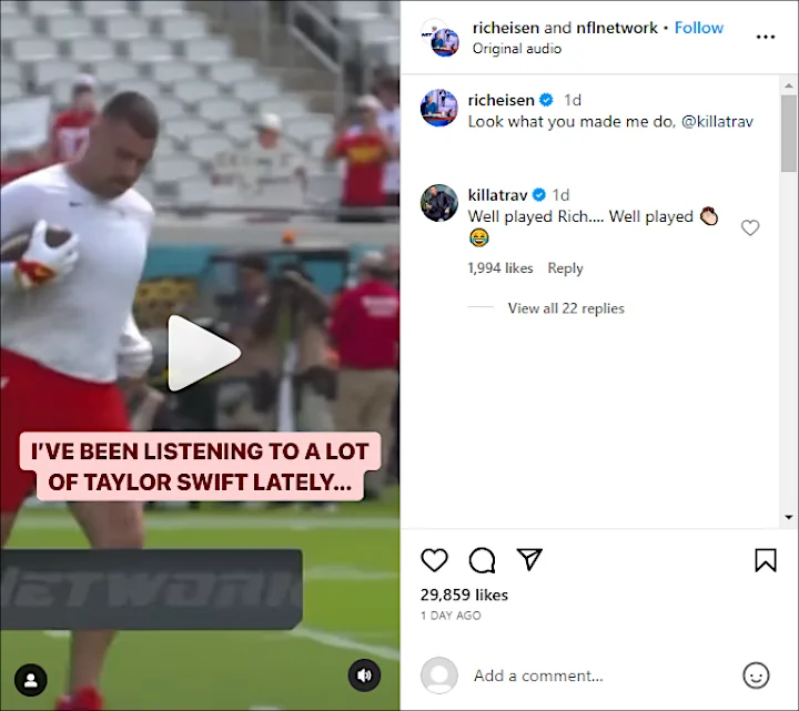 Travis Kelce's Comment on Rich Eisen's IG Post
