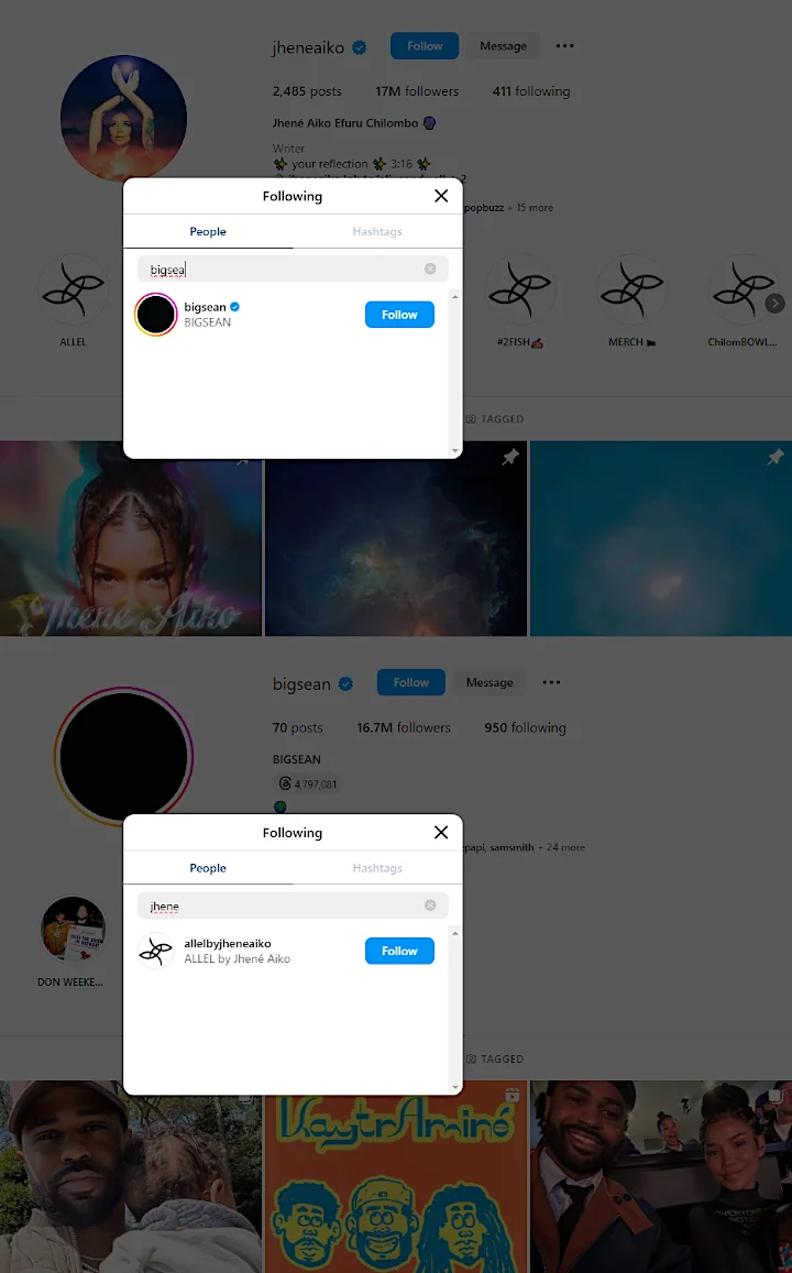 Big Sean and Jhene Aiko's Following List