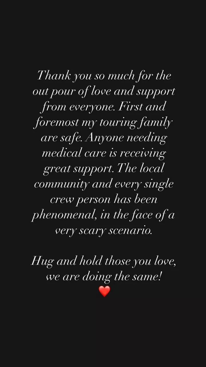 Shania Twain issues a statement after tour bus accident