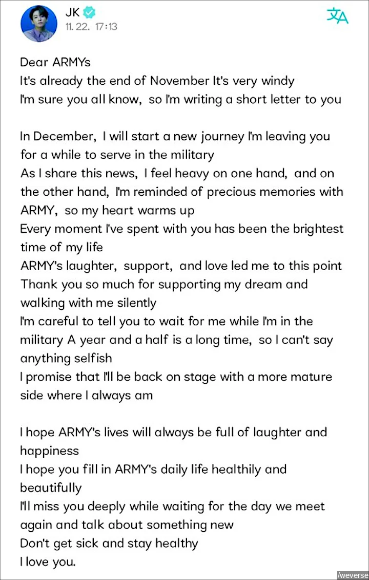Jungkook's Statement on Weverse