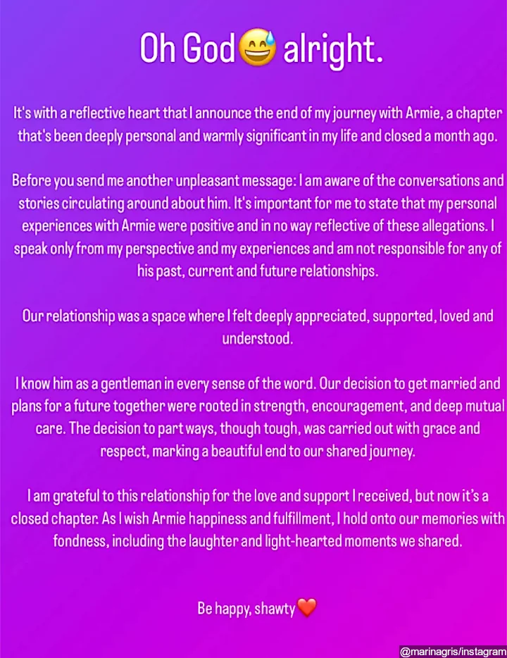Marina Gris' IG Story