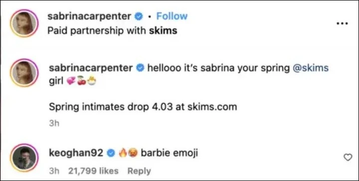 Barry Keoghan reacts to Sabrina carpenter's racy pics