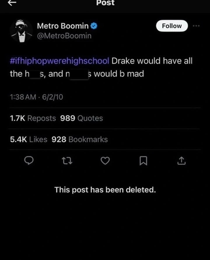Metro Boomin delets an old tweet praising Drake