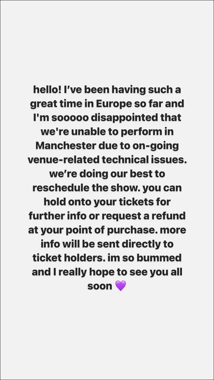 Olivia Rodrigo reacts to Manchester show cancellation