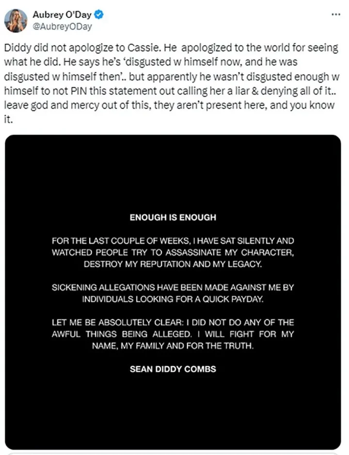 Aubrey O'Day calls out Diddy over his apology video