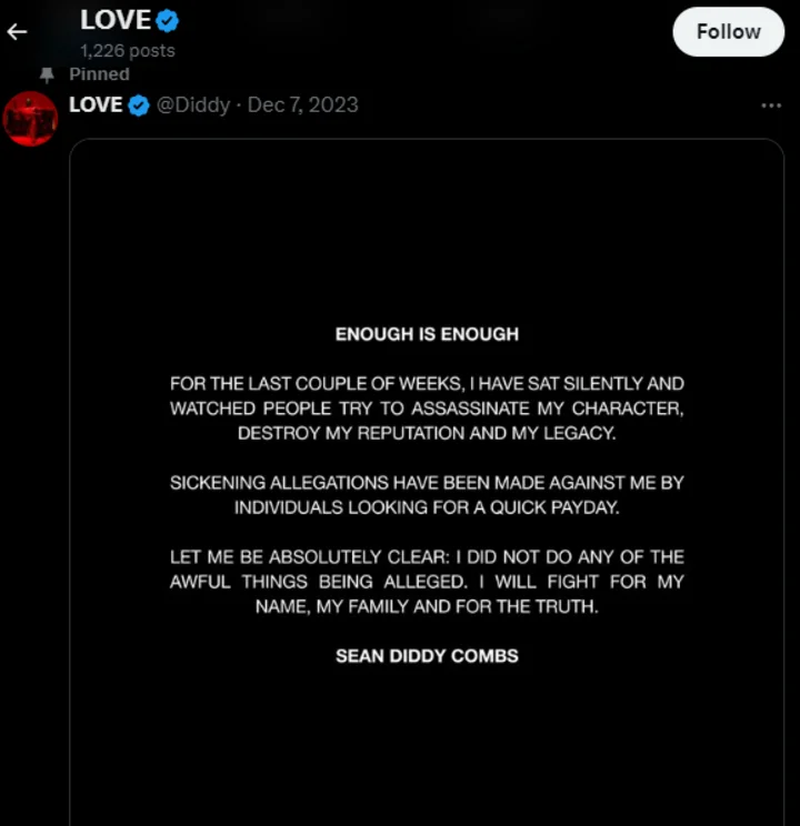 P. Diddy's denial was still being pinned on his social media when he issued apology