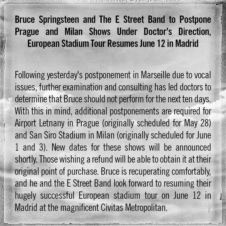 Bruce Springsteen issues a statement on latest cancellation