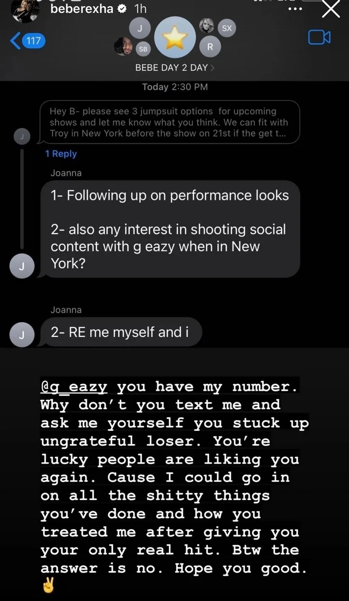 Bebe Rexha lashes out at G-Eazy