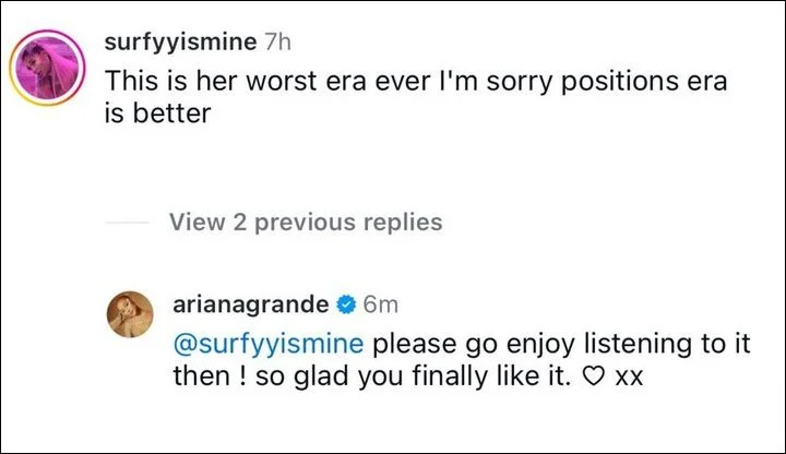 Ariana Grande responds to fan's criticism
