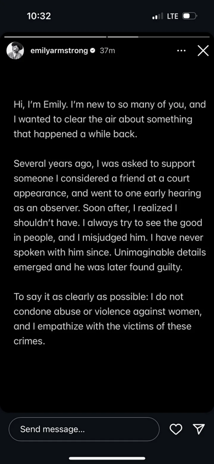 Emily Armstrong responds to claims that she supports Danny Masterson