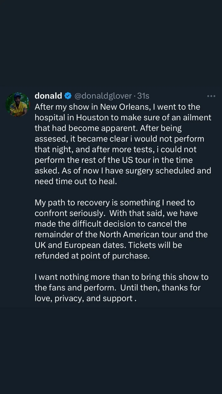 Donald Glover calls off all his tour dates