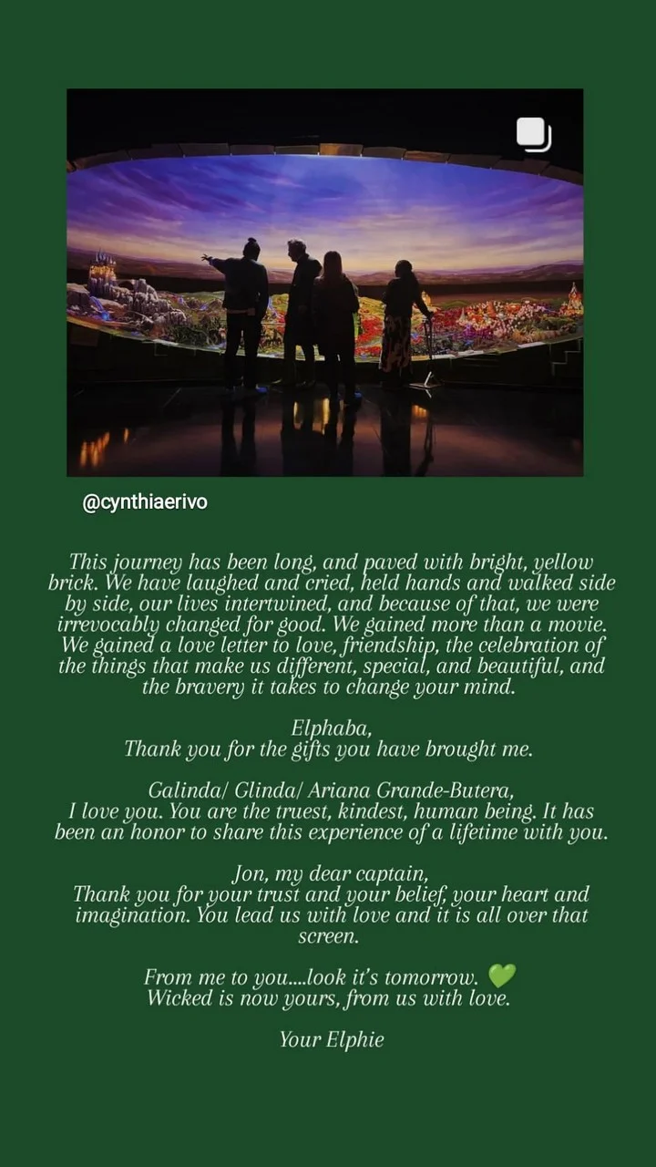Cynthia Erivo shares a heartfelt letter after 'Wicked' release