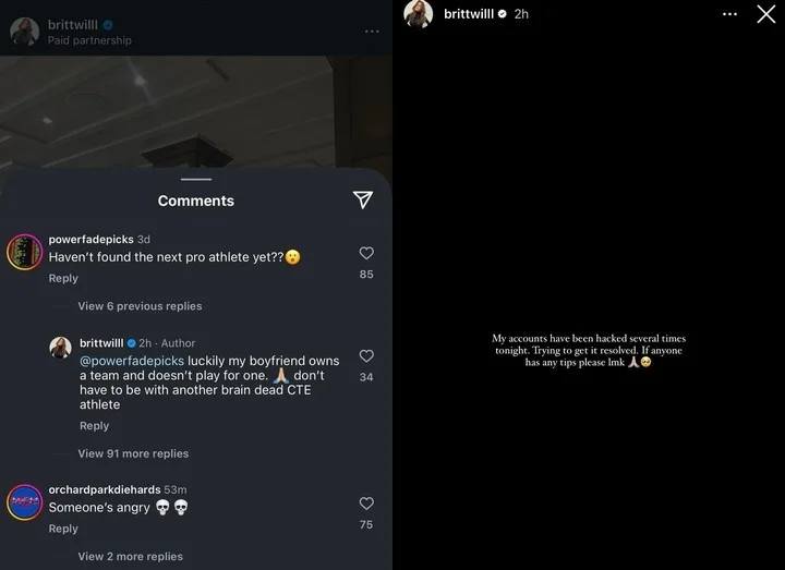 Brittany Williams blames hacker after shady comment about Josh Allen