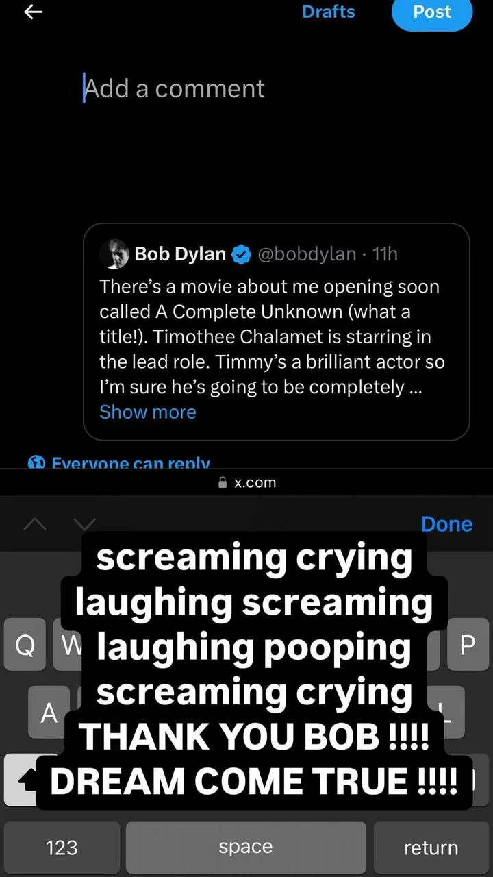 Timothee Chalamet reacts to Bob Dylan's praise
