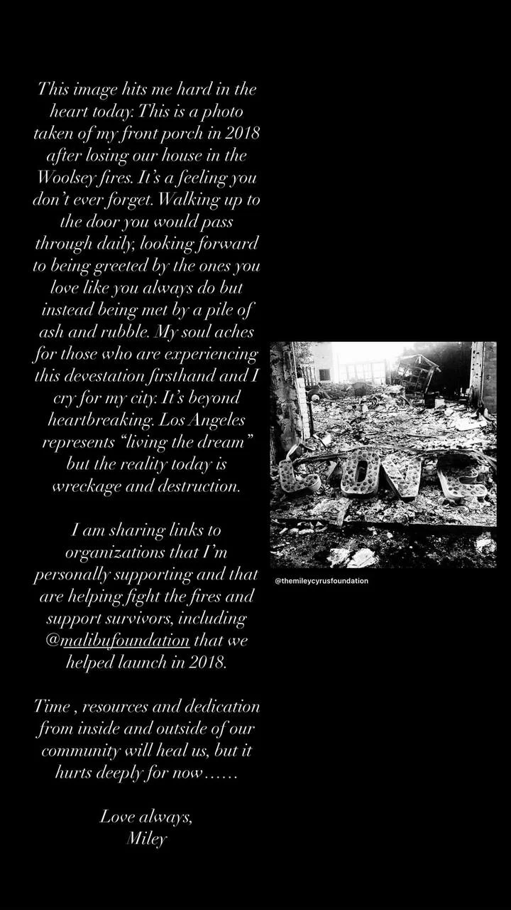 Miley Cyrus sends love to LA fire victims