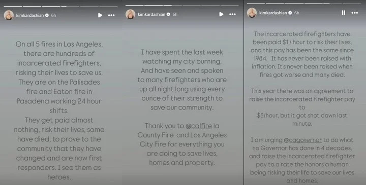Kim Kardashian applauds incarcerated firefighers for helping to battle LA fires