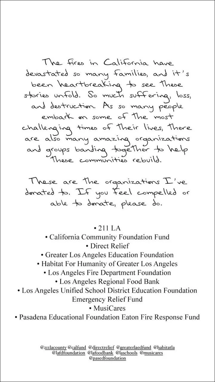 Taylor Swift issues a statement amid LA wildfires