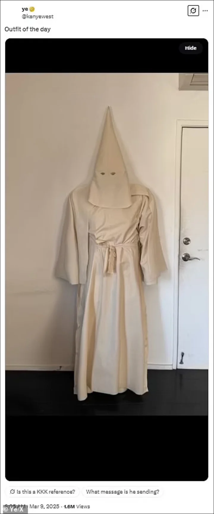 Kanye West posts a picture of KKK robe