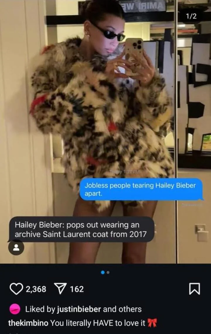 Justin Bieber approves of a post supporting Hailey Bieber