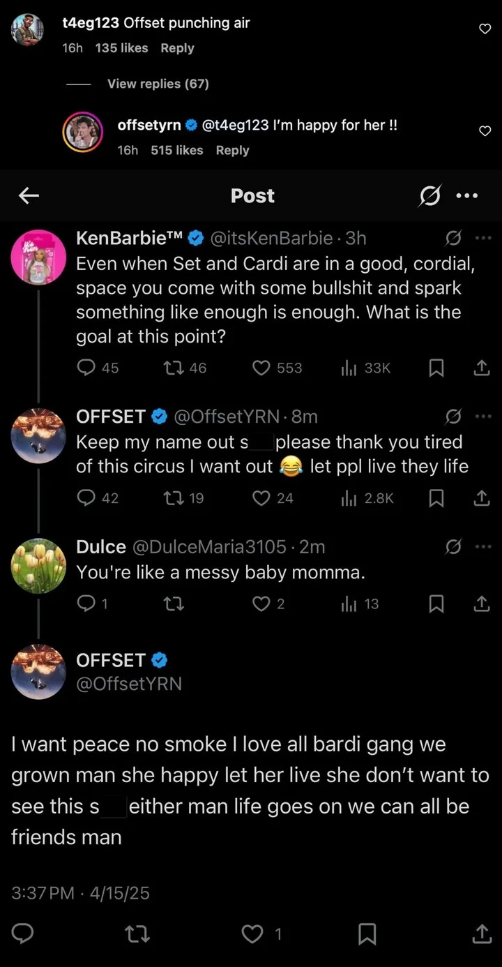 Offset wants to move on from Cardi B drama