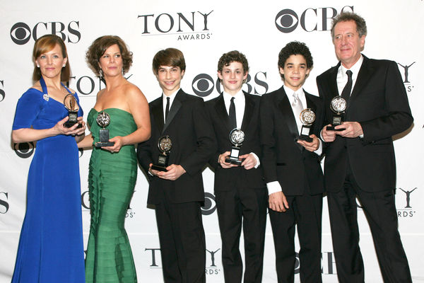 Alice Ripley, Marcia Gay Harden, Kiril Kulish, Trent Kowalik, David Alvarez, Geoffrey Rush<br>63rd Annual Tony Awards - Press Room