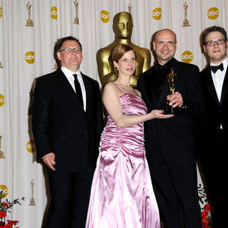 Janusz Kaminski;Jochen Alexander;Seth Rogen; in 81st Annual Academy Awards - Press Room