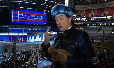 Watch Stephen Colbert Crash and Get Kicked Off DNC Stage During 'Hunger Games' Spoof