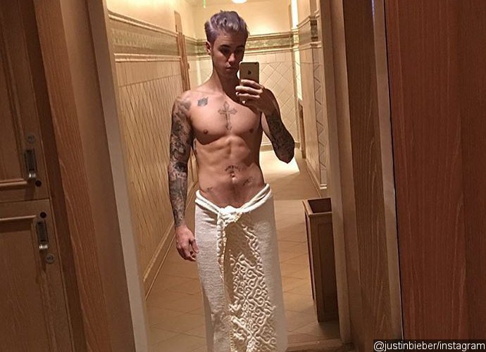 Justin Bieber Wears Only a Towel as He Shows Off His New Purple Hair