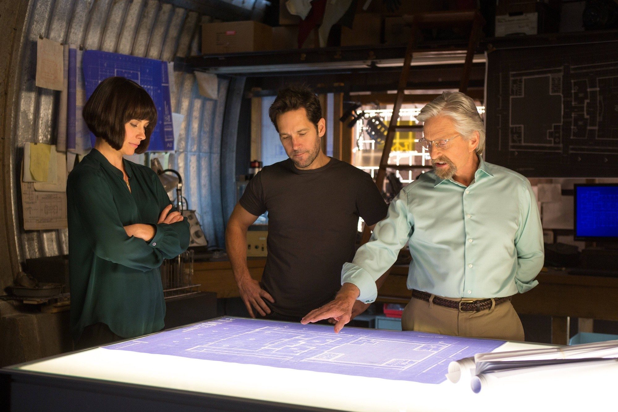 Evangeline Lilly, Paul Rudd and Michael Douglas in Walt Disney Pictures' Ant-Man (2015)