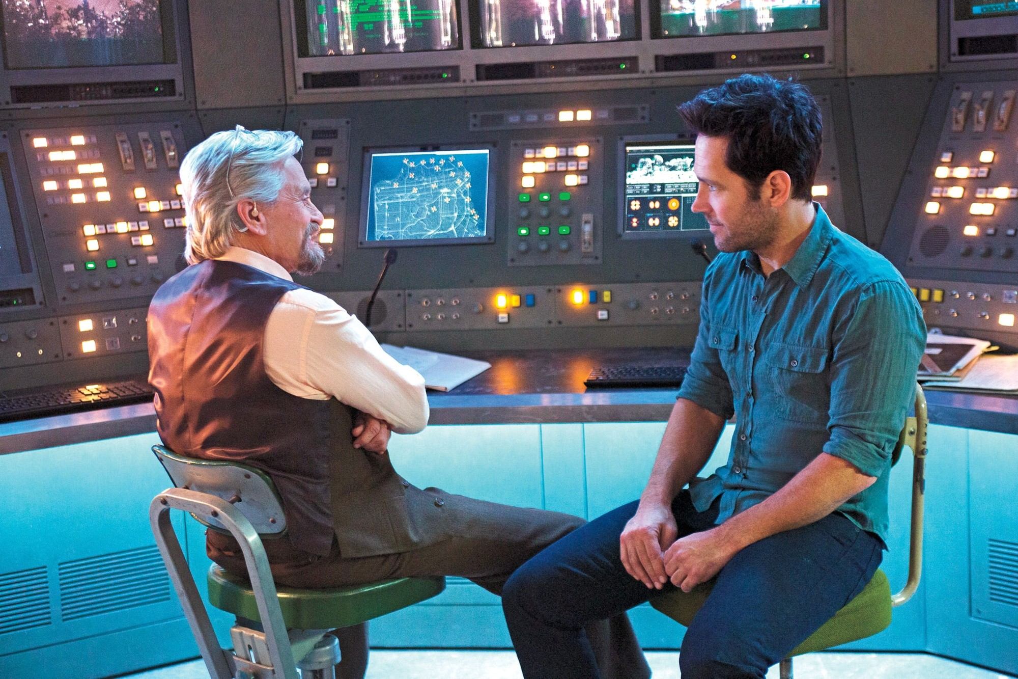 Michael Douglas stars as Hank Pym and Paul Rudd stars as Scott Lang in Walt Disney Pictures' Ant-Man (2015)