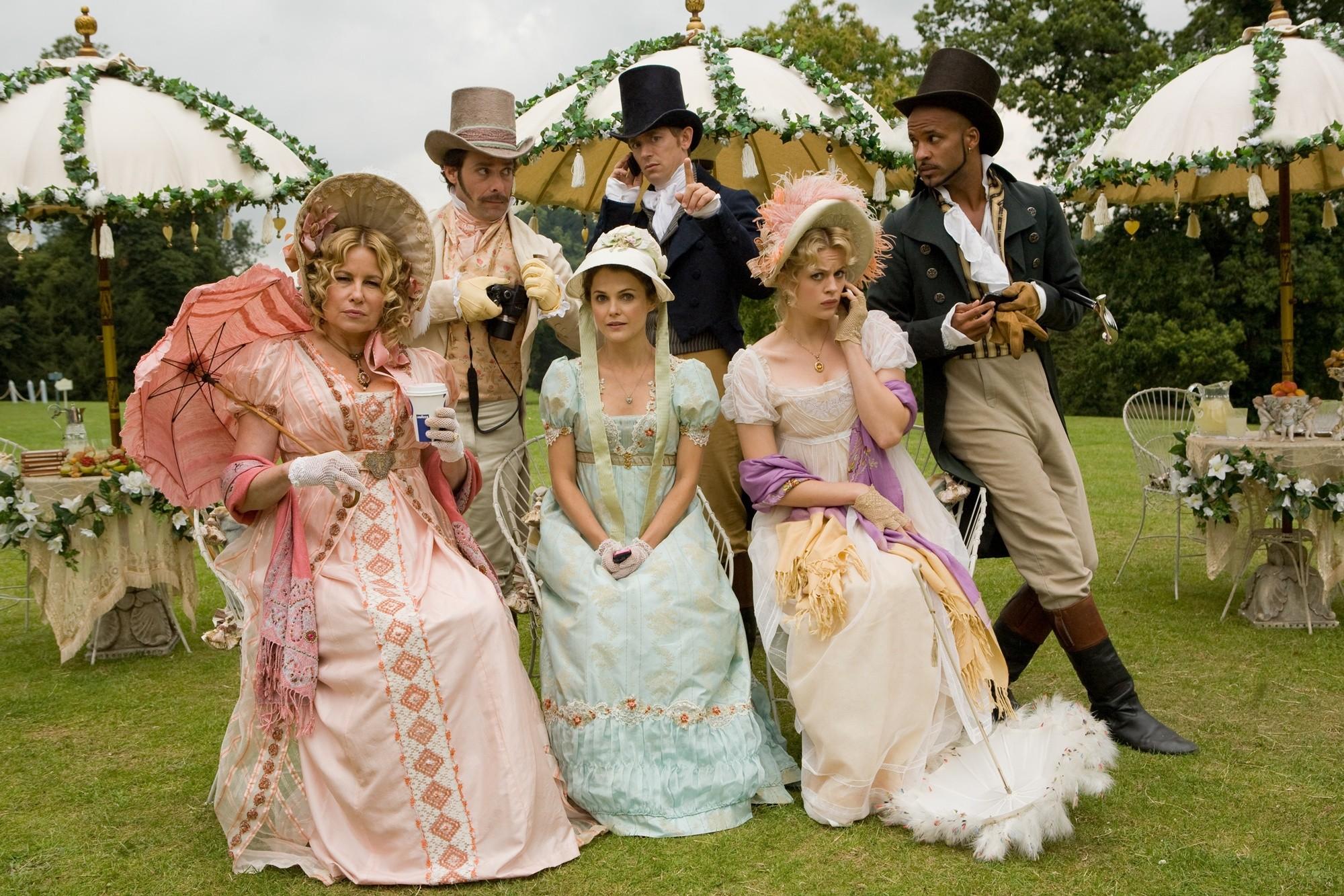 James Callis, JJ Feild, Ricky Whittle, Jennifer Coolidge, Keri Russell and Georgia King in Sony Pictures Classics' Austenland (2013)