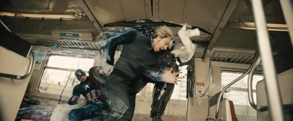 Chris Evans stars as Steve Rogers/Captain America and Aaron Johnson stars as Pietro Maximoff/Quicksilver in Walt Disney Pictures' Avengers: Age of Ultron (2015)