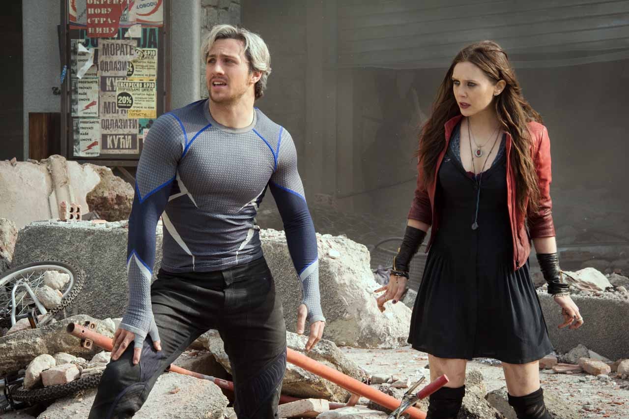 Aaron Johnson stars as Pietro Maximoff/Quicksilver and Elizabeth Olsen stars as Wanda Maximoff/Scarlet Witch in Walt Disney Pictures' Avengers: Age of Ultron (2015)