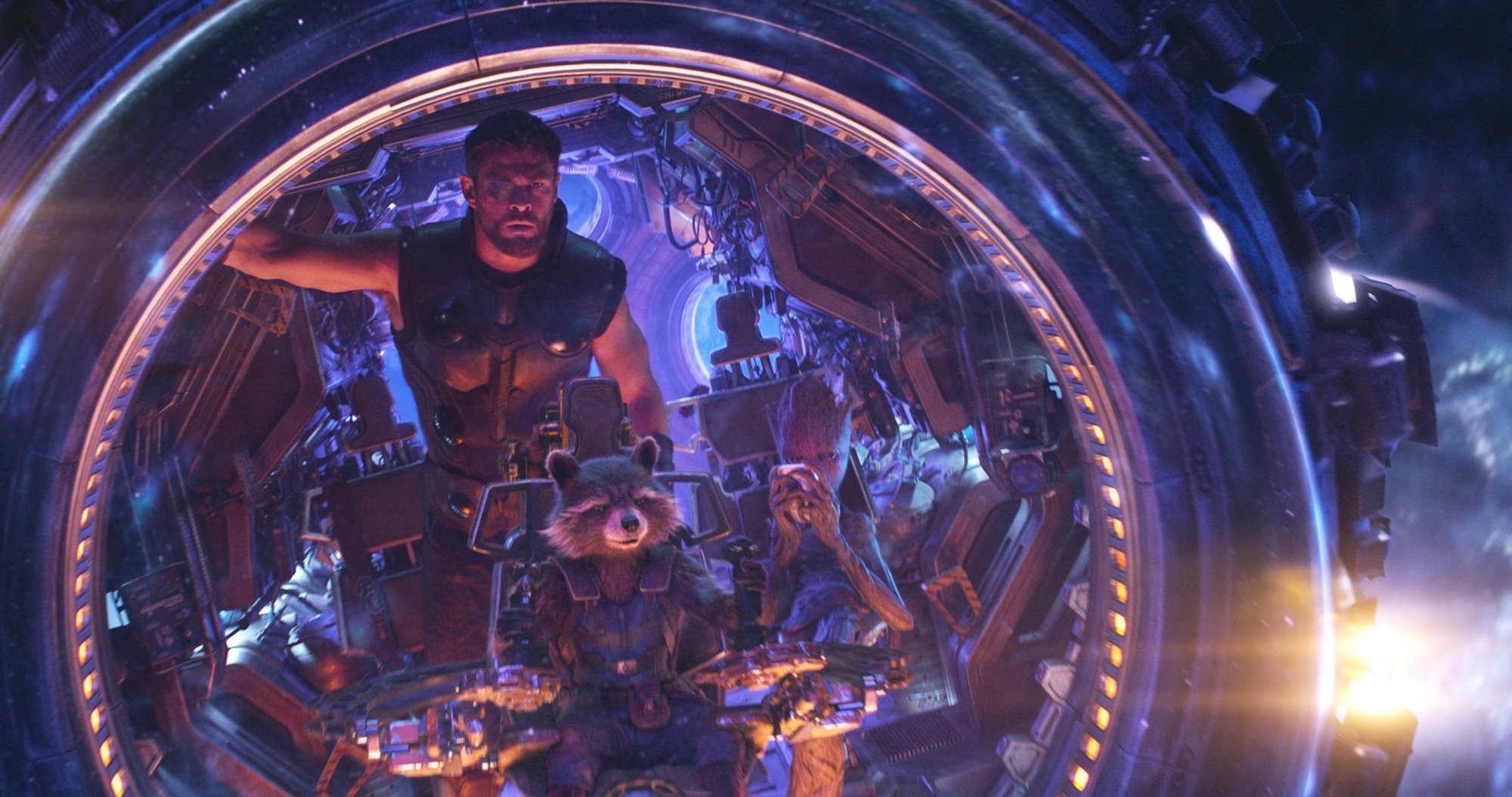 Thor (Chris Hemsworth), Rocket Raccoon and Groot from Marvel Studios' Avengers: Infinity War (2018)