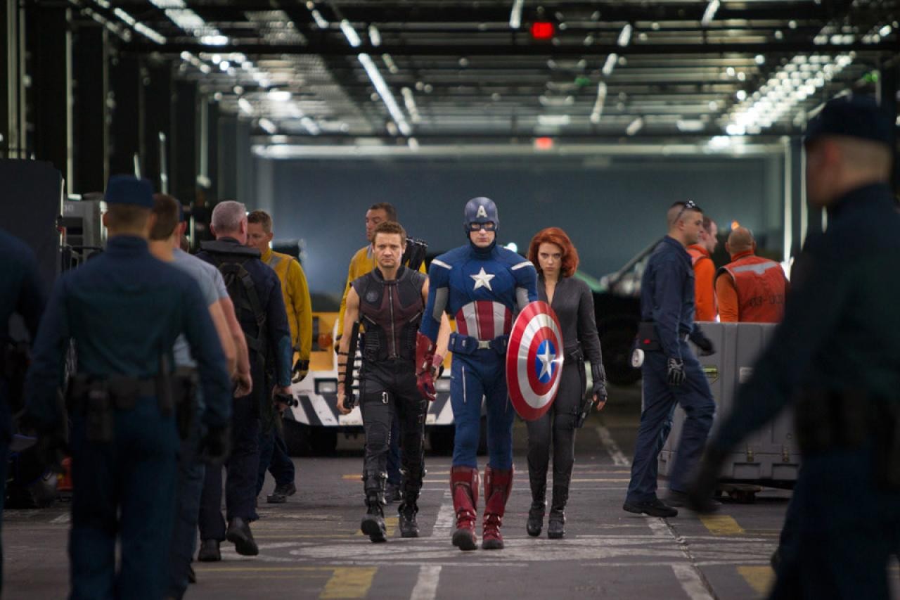 Jeremy Renner, Chris Evans and Scarlett Johansson in Walt Disney Pictures' The Avengers (2012)