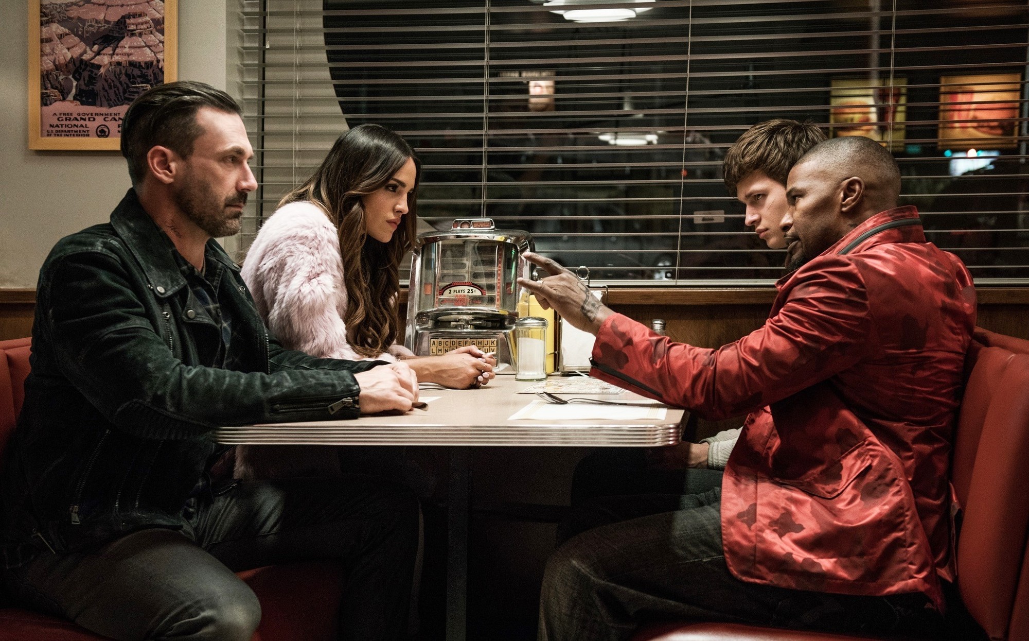 Jon Hamm, Eiza Gonzalez, Ansel Elgort and Jamie Foxx in TriStar Pictures' Baby Driver (2017)