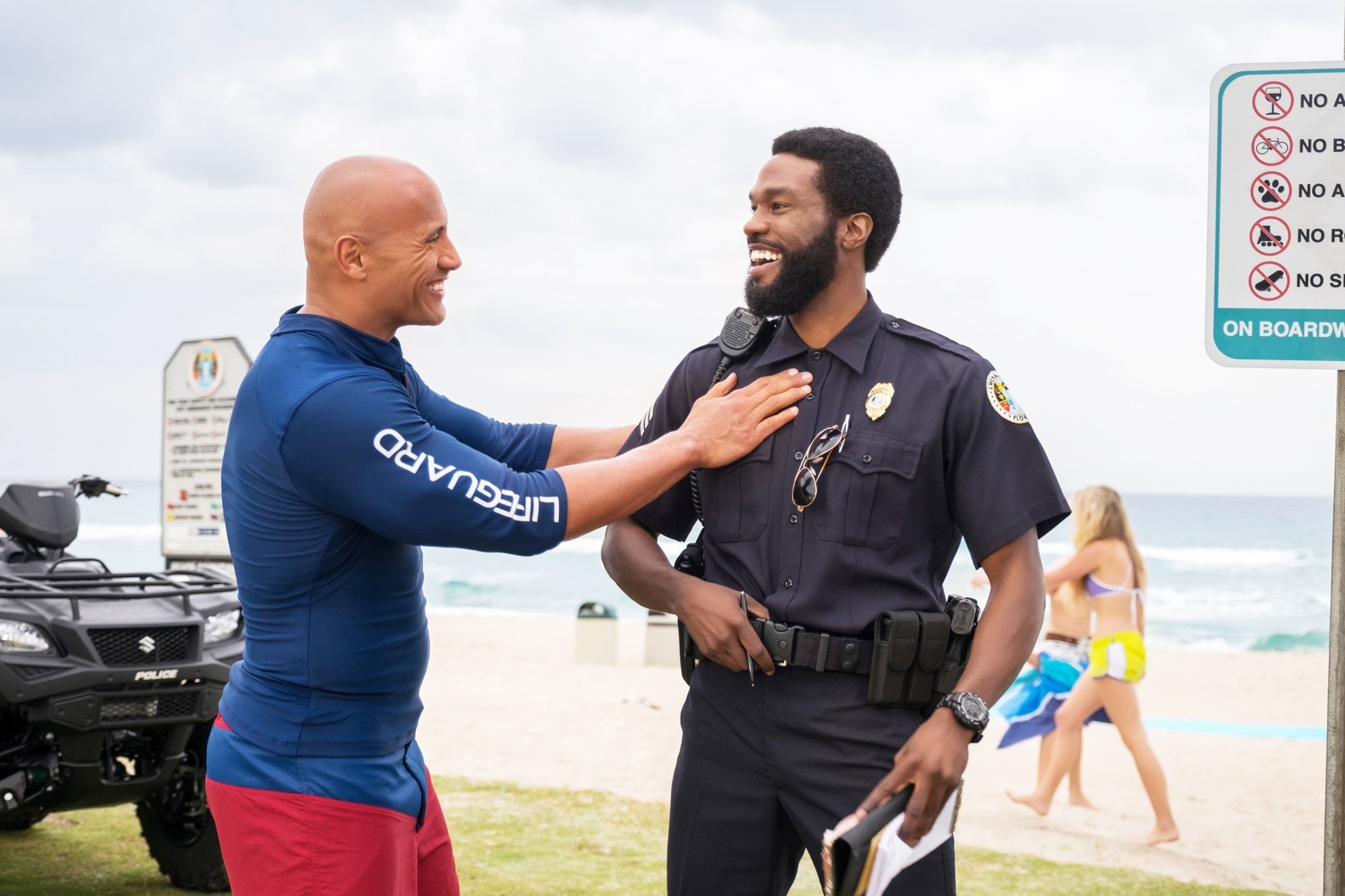 The Rock stars as Mitch Buchannon and Yahya Abdul-Mateen II stars as Sgt. Ellerbee in Paramount Pictures' Baywatch (2017)
