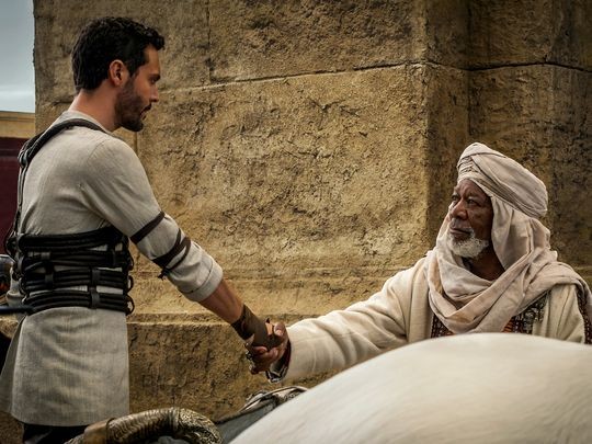 Jack Huston stars as Judah Ben-Hur and Morgan Freeman stars as Ilderim in Paramount Pictures' Ben-Hur (2016)